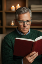 Indlæs billede til gallerivisning man wearing grey eyeglasses  DEX01 monkeyglasses while reading a book

